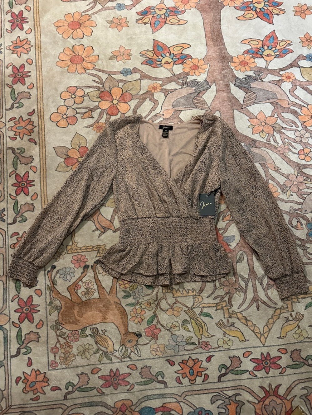 Japna Taupe Dot-Print Wrap Peplum Blouse